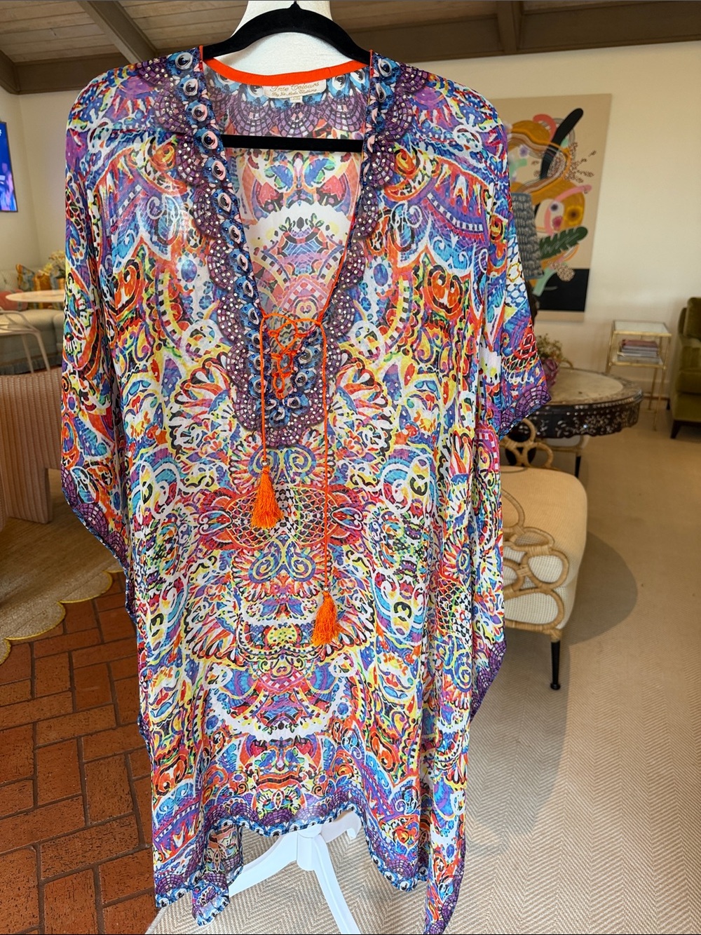 True Colours - Women’s Vibrant Multicolor Caftan Swim Coverup with Tassel Detail